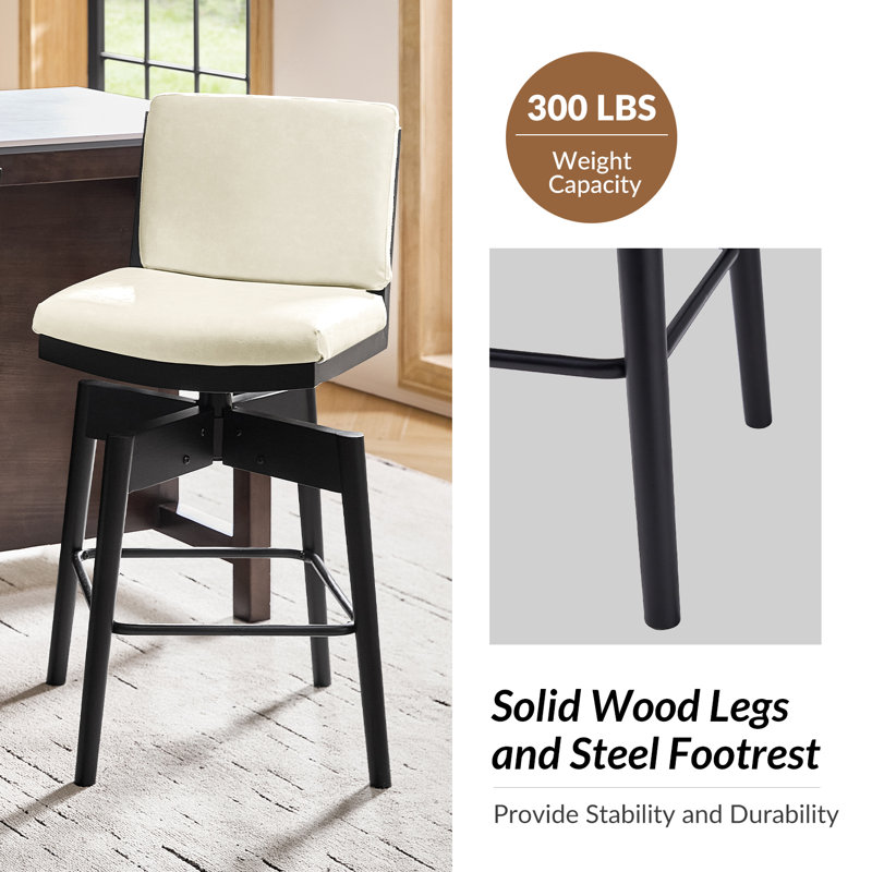 Lafrance Modern Faux Leather Swivel Barstool with Removable Back Cushion and Solid Wood Legs(Set of 2), White