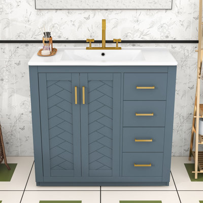 Meuble-lavabo autoportant avec lavabo en céramique, 3 tiroirs et armoire de rangement