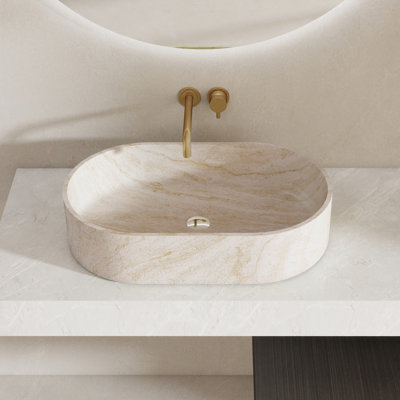 23" Stone Zen Bathroom Sink Solid Surface Oval Vessel Basin Artistic Style Sink In Yellow Travertine Veining