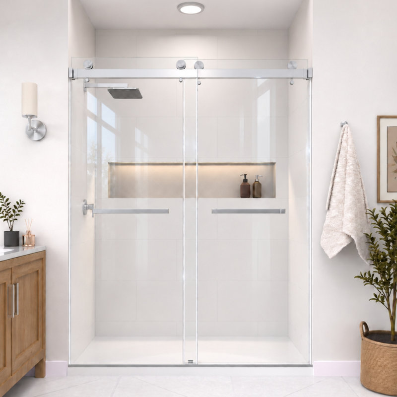 Porte de douche coulissante double sans cadre en chrome avec verre transparent 3/8 po Catalyst 67 po - 73 po x H 76 po 