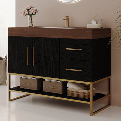 Aime 36" Modern Freestanding Bathroom Vanity With Ceramic Sink & Sintered Stone Top - Black & Gold Vanity Cabinet For Bathroom