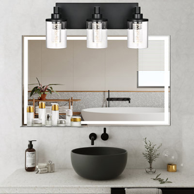 Éclairage pour meuble-lavabo (3 lumières), (3000K / 3500K / 4500K / 5000K / 6000K, à intensité variable), luminaire de salle de bain à DEL de protection des yeux, applique murale moderne sur miroir avec abat-jour en verre transparent