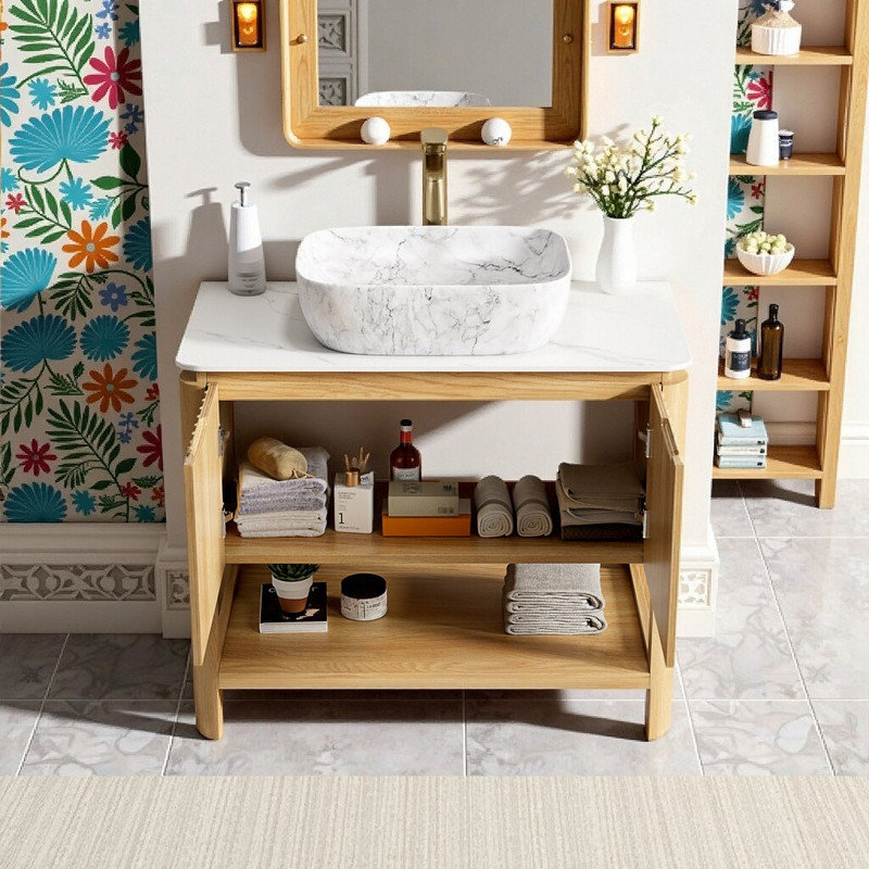 Meuble-lavabo autoportant de 36 po avec lavabo vasque, comptoir en pierre frittée et lavabo en céramique