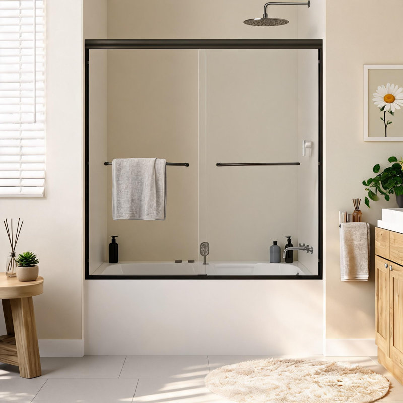 Porte de douche coulissante double semi-encadrée, noir mat, de 142 à 152 cm (56 à 60 pouces), avec cadre en verre trempé et alliage d'aluminium.