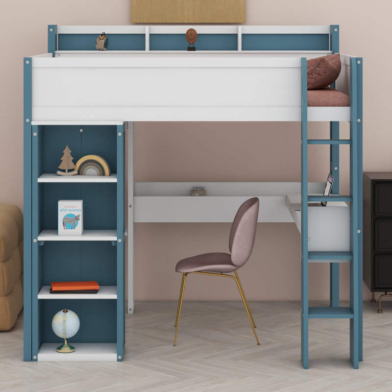 Wood Loft Bed With Built-In Storage Shelves, Clothes Rails And Desk, White/Blue