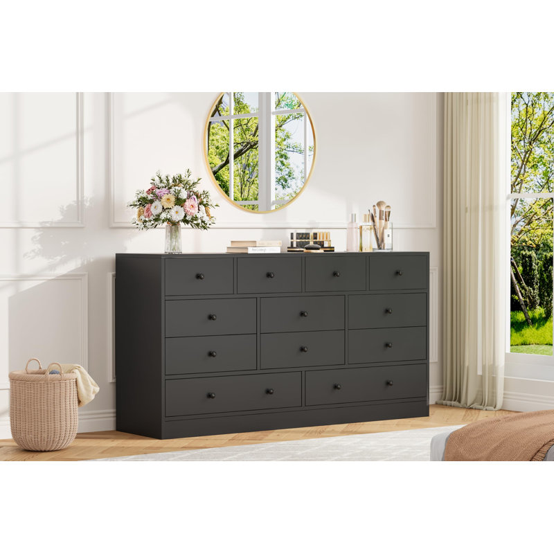 Commode 12 tiroirs, commode de rangement en bois avec prise de courant 61 po, Noir