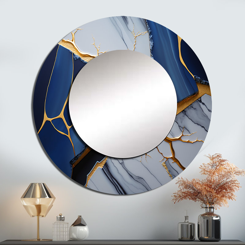 «Raegene Abstract Geode Blue I», miroir mural rond en marbre, 23 po x 23 po