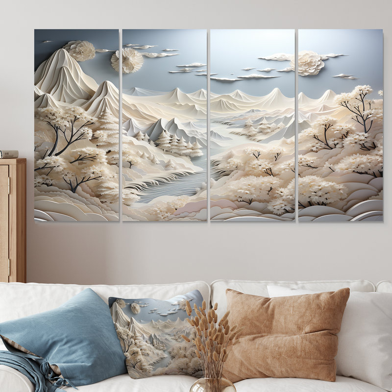 Abstrait Snowy Winter Mountains II - Abstract Landscape 4 pièces, art mural pour le salon, H 32 po x l 64 po
