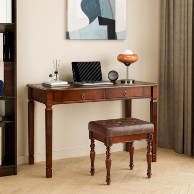 Wexford Collection Vintage Writing Desk Set with Upholstered Stool, Traditional Wood Vanity Desk with 2 Drawers, Compact Home Office Desk for Bedroom, Makeup Vanity, Study Room