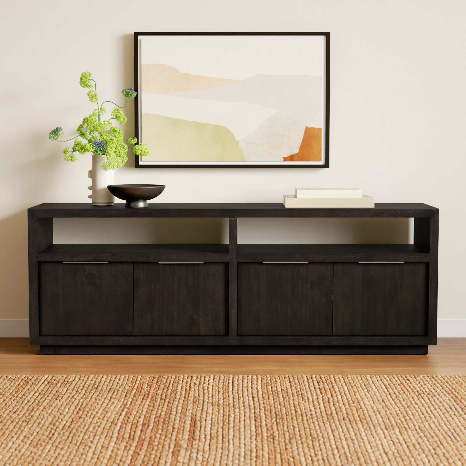 Eloise 74 " Glass Acacia TV Stand, Basalt Gray