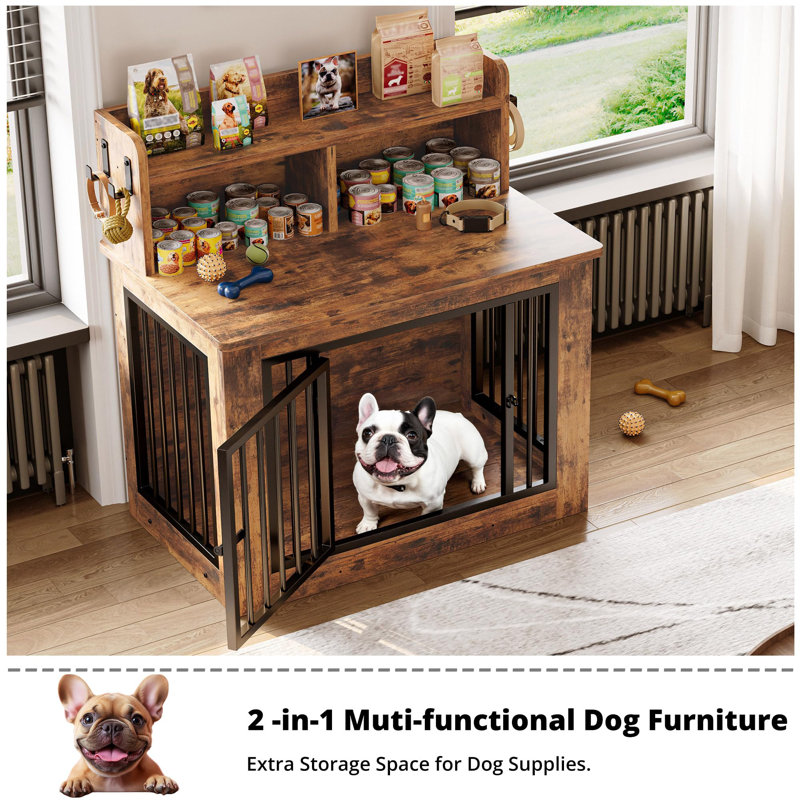 33.4 inches Wooden Small Dog Crate with Storage and 4 Hooks, Small (37.4" H x 33.4" W x 22" D), Brown