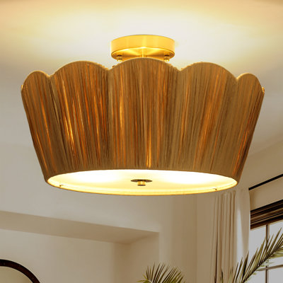 Bohemian 18.1" 3-Light Semi-Flush Mount Ceiling Light with Handwoven Raffia Shade for Bedroom, Dining Room, or Living Space