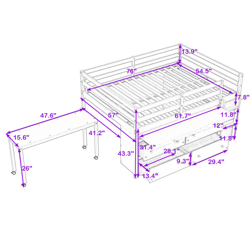 Jakilah Kids Loft Bed with Drawers, Full, White