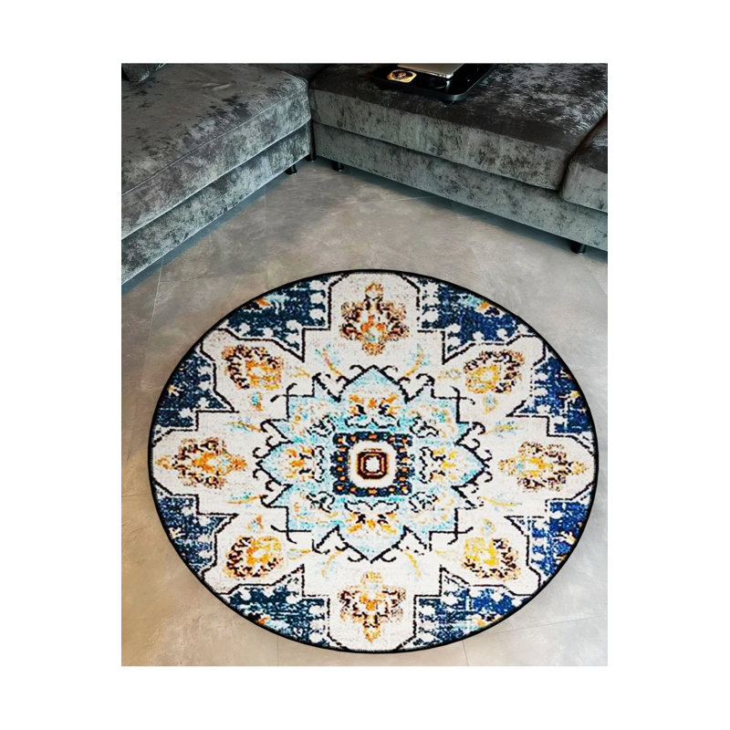 Navy Blue Beige Ethnic Detailed Woven Base Modern Decorative Carpet, Round 3'4"