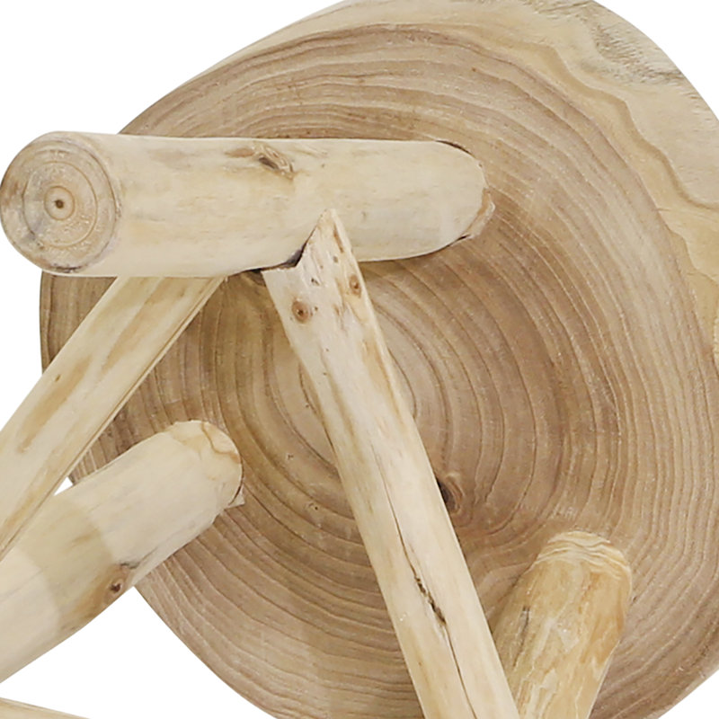 16"H Wooden Stool with Live-Edge Round Top and Triangle Footrest Base, Natural Finish, Ivory/Beige
