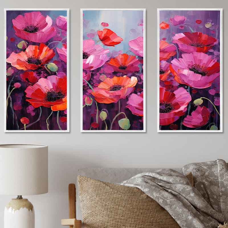 Magenta Poppy Fields Magic - Poppies, ensemble d'art sur toile, Cadre flottant blanc, H 32 po x l 48 po x P 1 po