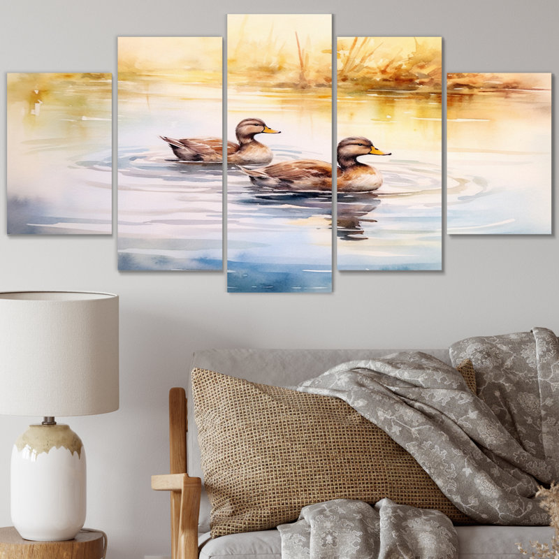 Ducks In Pond V - Art mural sur toile animaux - 5 panneaux