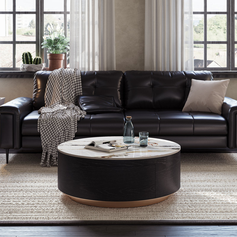 Drum Coffee Table, Sintered Stone Top, 2 Solid Wood Drawers, Fully-Assembled, 14.17" H x 39.37" L 39.37" W, Black