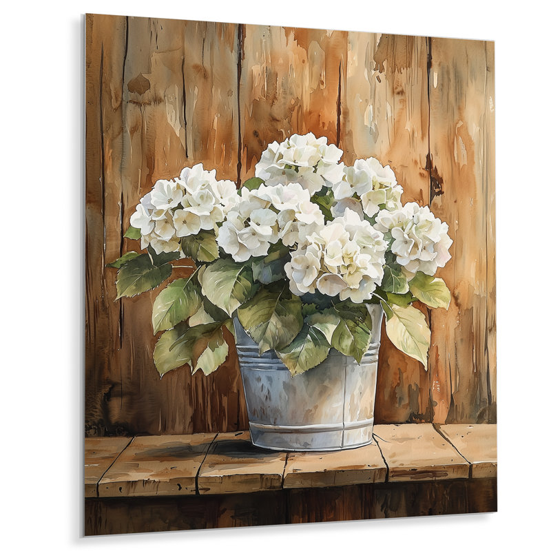 Hydrangeas on the Barn Table I - Hydrangea, impression murale sur métal, H 20 po x l 12 po
