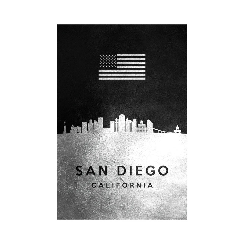 San Diego California Silver Skyline 1 Piece Wrapped Canvas Painting, 20.32 cm H x 30.48 cm W x 1.91 cm D