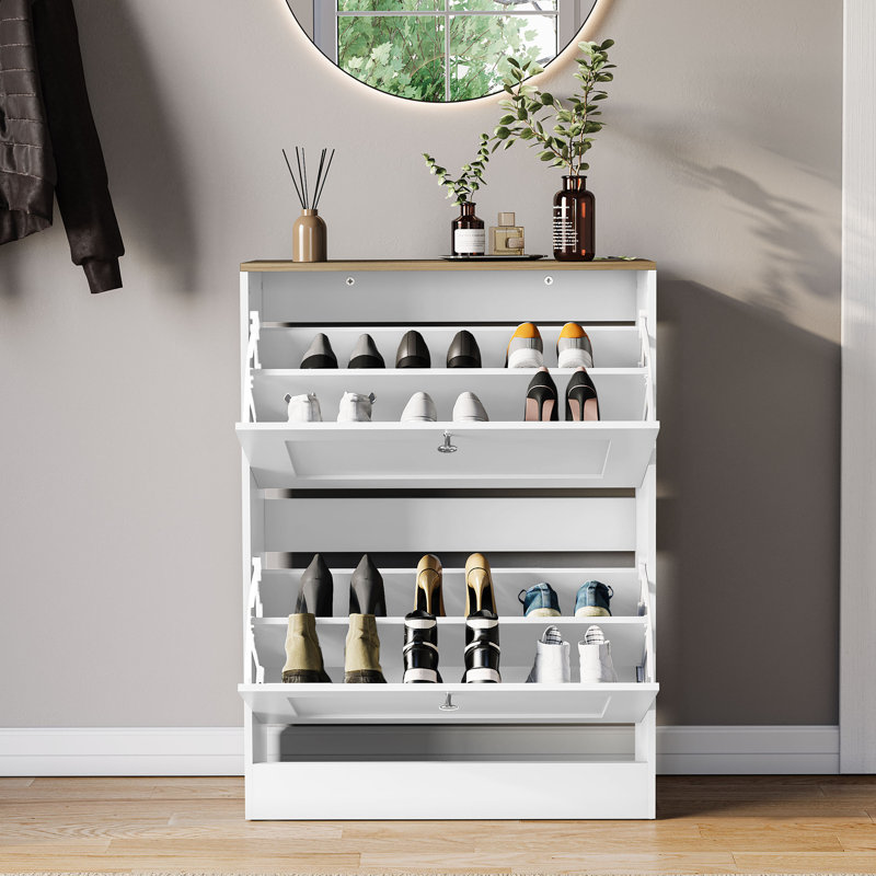 2 Drawer Shoe Cabinet with Oak Top Modern Shoe Storage For Hallway Living Room & Bedroom, White/Oak