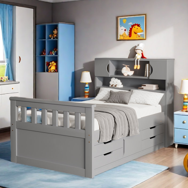 Lit plateforme Breckynn avec bibliothèques de rangement, tablettes et 4 tiroirs