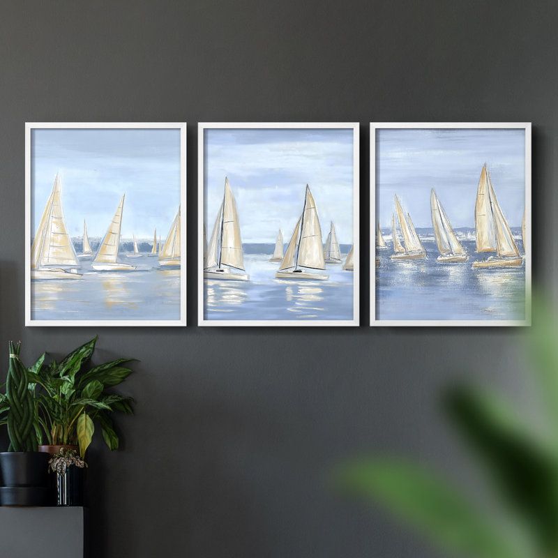 Série Sea and Shore I - Ensemble de 3 estampes numériques - Prêt à accrocher, Cadre blanc, H 14 po x l 11 po