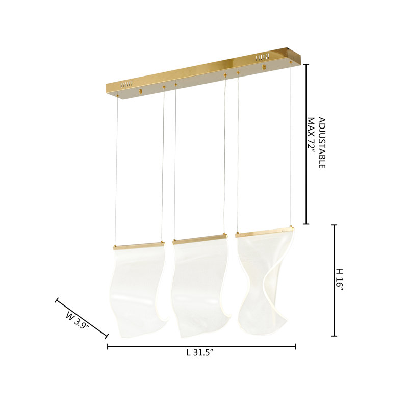 Lustre 3 lumières DEL or avec pendentifs en feuille d'acrylique