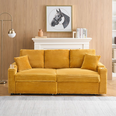 Orange Corduroy 80-Inch , Three Seats, Pull-Out, Foldable Reclining, Cup Holder, And Pillows For A Stylish Retreat Three With Beautiful Living Space