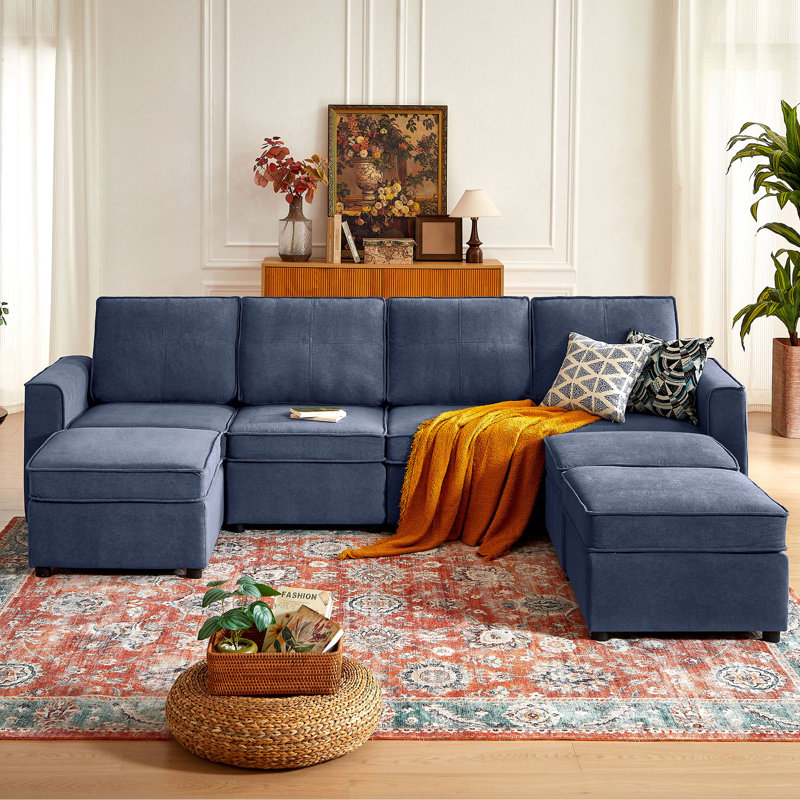 Grand canapé modulaire 4 places avec 3 repose-pieds 117,3 po, Rembourrage en mousse bleue