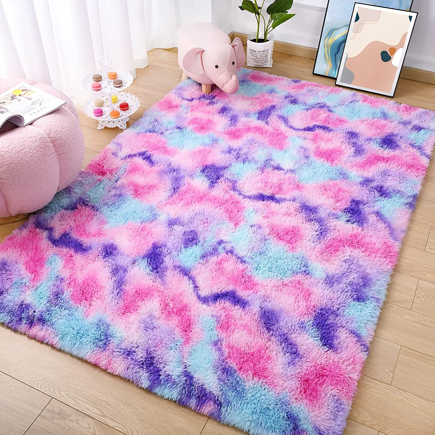 Fluffy Kids Rug for Girls Bedroom Carpets, Colorful Tie Dye Fuzzy Rugs for  Teens Dorm Shaggy Nursery Area Rug ,Yellow Purple, 5x8 Feet 