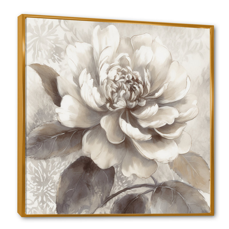 Pivoines grises sur branche II - art mural encadré de pivoines florales pour le salon, H 16 po x l 16 po x P 1 po
