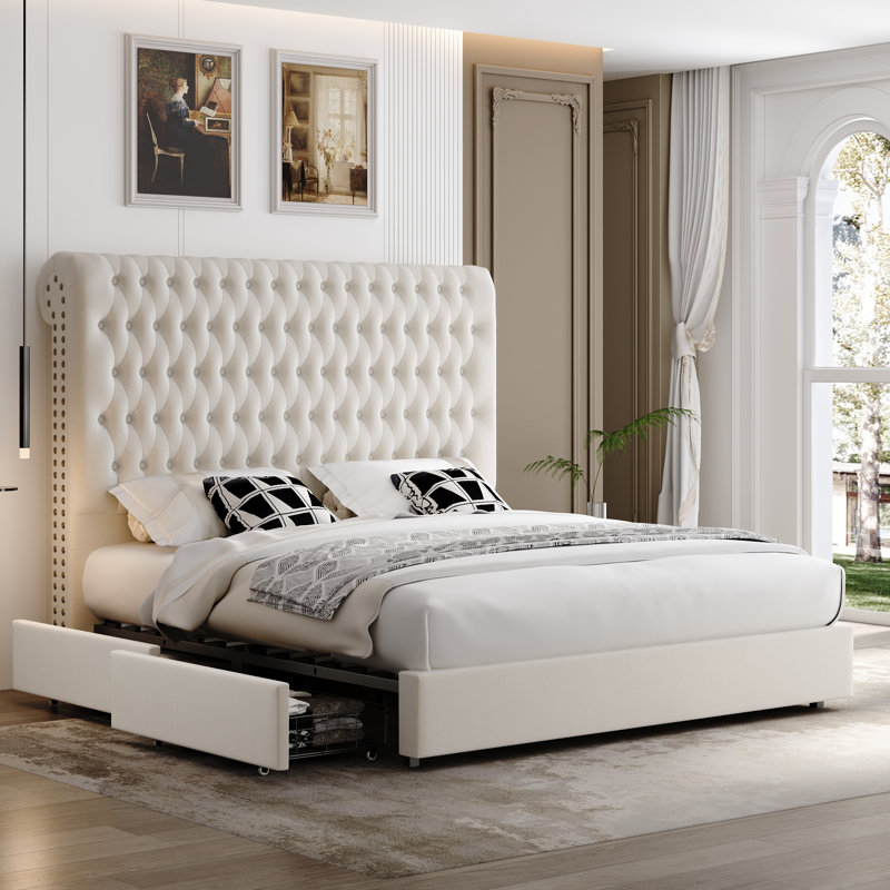 Lit de rangement rembourré avec tête de lit en flanelle capitonnée à 4 tiroirs Kanisha, Blanc cassé, Très grand