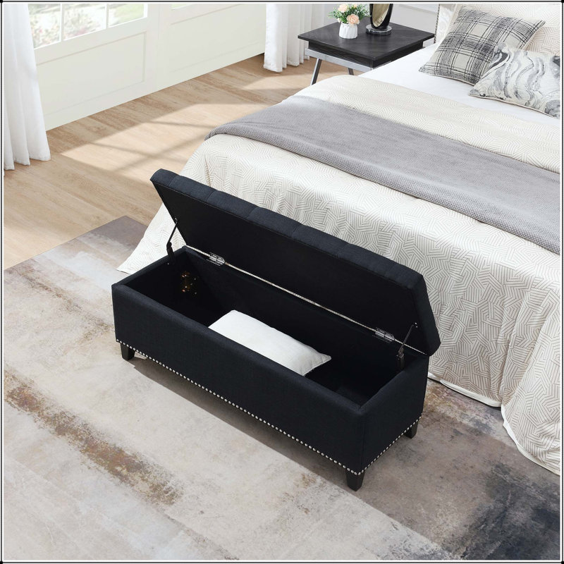 Banc en lin capitonné avec rangement et charnière de sécurité - noir