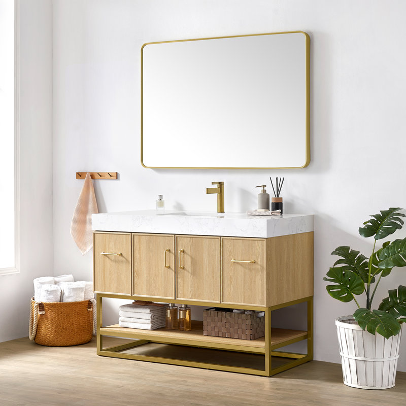 Ensemble de meuble-lavabo à simple cuve 48 "en chêne foncé avec plateau en pierre composite à grain blanc Scotto, 48"