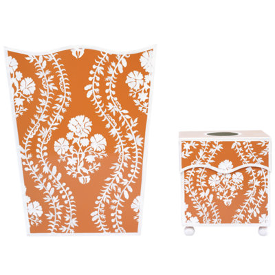 Burnt Orange Floral Trellis Tole Waste Basket & Tissue Box Set