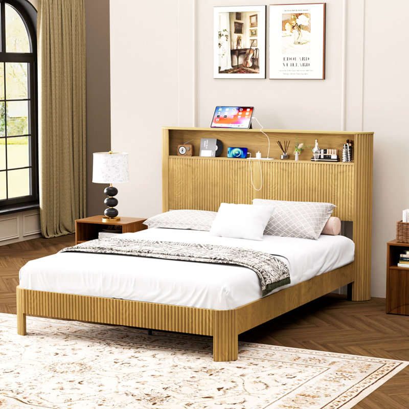 Queen Size Bed Frame With Storage Headboard, Built-In Charging Station, Wavy Curved Lines Design, Silent Operation, Metal Support, Natural