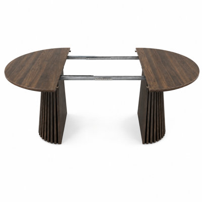Modern Walnut Extendable Dining Table - Oval Space-Saving Kitchen Table with Stylish Slatted Legs