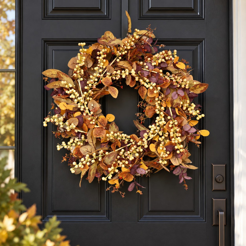 Couronne d'automne artificielle de 61 cm (24 po) avec feuillage d'eucalyptus varié, style rustique, idéale pour la porte d'entrée ou comme décoration murale saisonnière pour Thanksgiving.