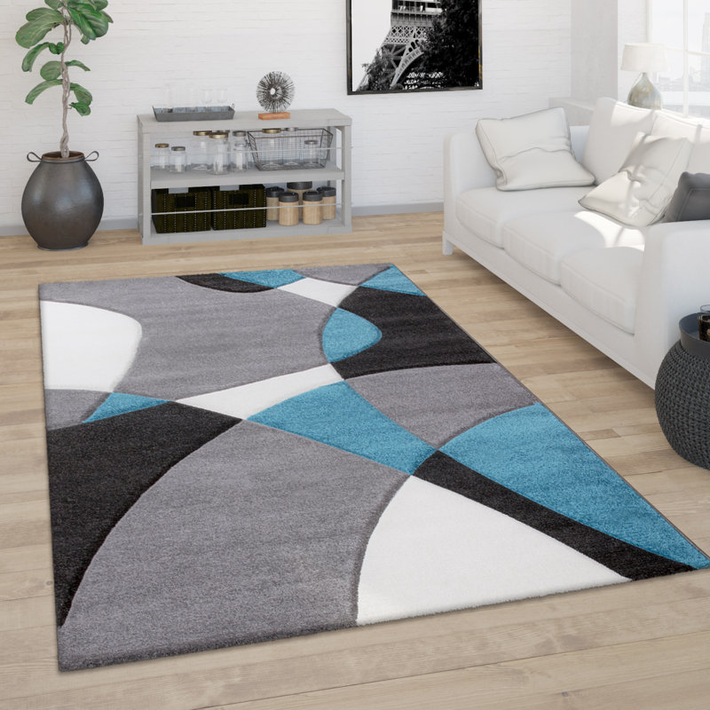 Tapis abstrait en polypropylène tissé à la machine en turquoise / gris / blanc, Rectangle 6 pi 7 po x 9 pi 6 po