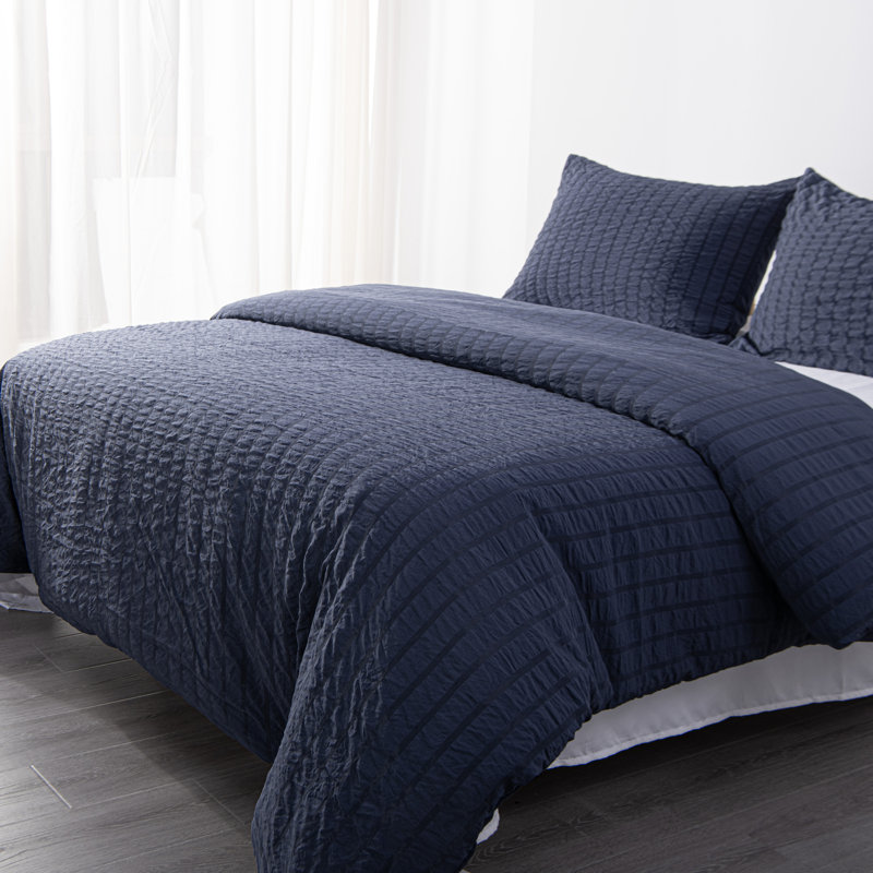 King Navy Blue Seersucker Microfiber Duvet Cover Set