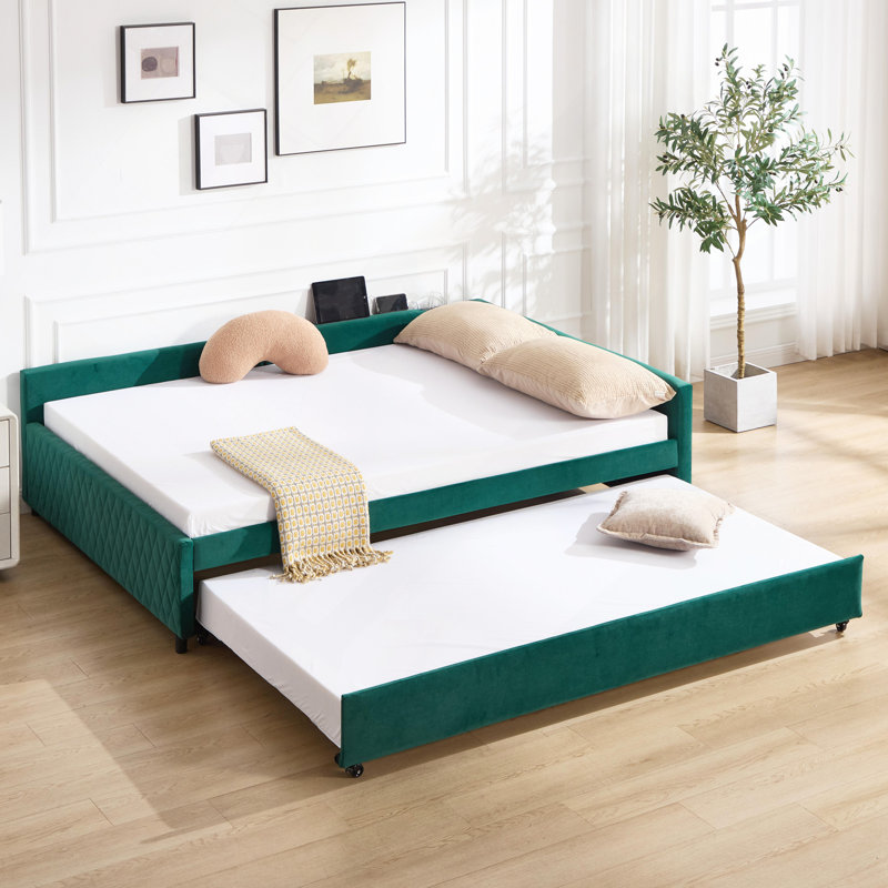 Upholstered Daybed With Trundle,Sturdy Wooden Bed Frame, Diamond Grid Design,For Bedroom, Guest Room, Emerald