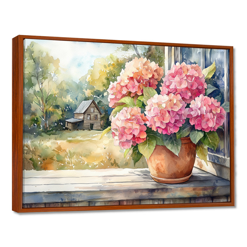 Hortensias sur le porche de la ferme II - hydrangées grand art mural, Impression sur cadre flottant, Brun, H 30 po x l 40 po