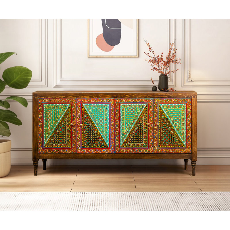 Buffet bohémien en bois massif, brun / bleu sarcelle / noir / rouge