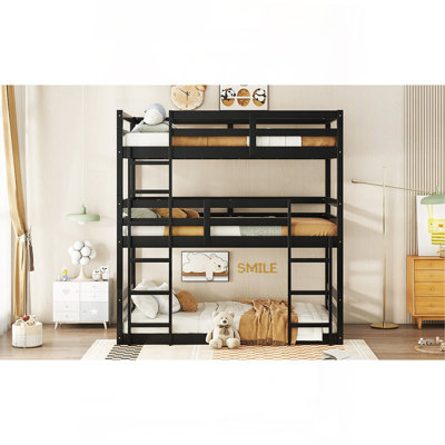 Triple Rubber Wood Bunk Bed With Two Built-In Ladders, Guardrails, Detachable Triple Bunk Bed,Black
