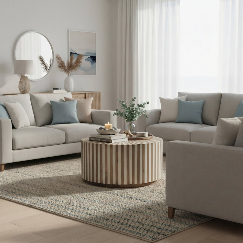 Round Solid Mango Wood Coffee Table with Starburst Pattern