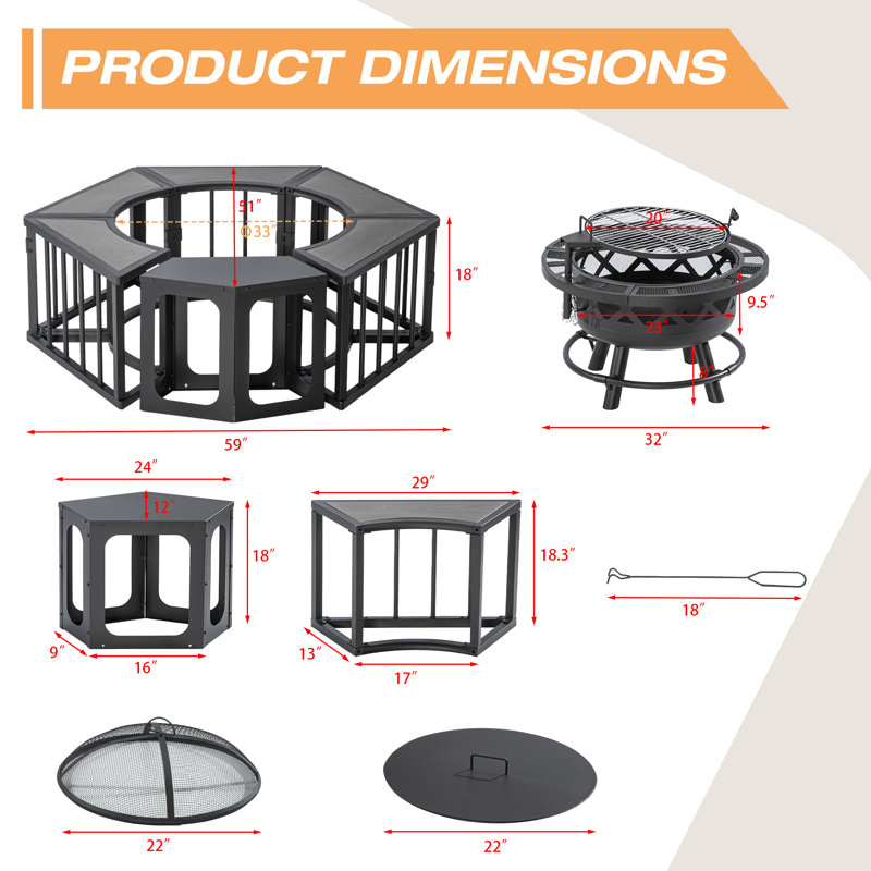 Safila Hexagon Steel Fire Pit Table with Lid, Gray
