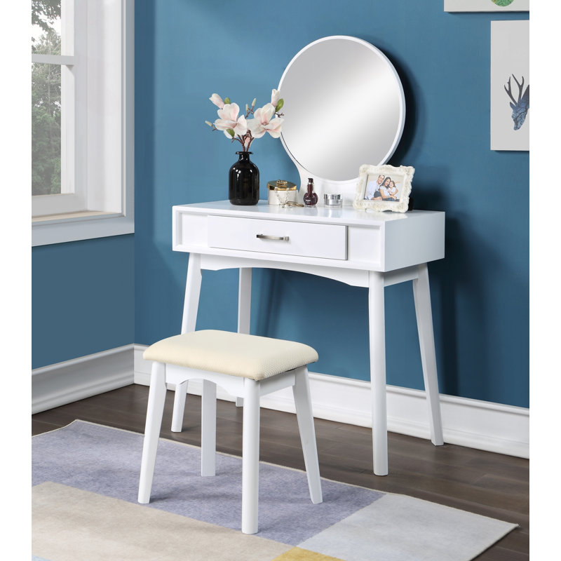 Ensemble coiffeuse contemporaine avec miroir rond et pieds fuselés, White