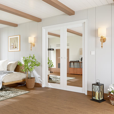 Porte française intérieure de 56 po x 80 po, portes de miroir de qualité supérieure 1-Lite, ensemble de cadre complet, charnières en nickel satiné, 4 leviers courbés et loquet, apprêt blanc prêt à être peint et parfait pour la porte de chambre à coucher, porte fermée, couloir, porte de salon , Porte de garde-manger et porte de salle de bain
