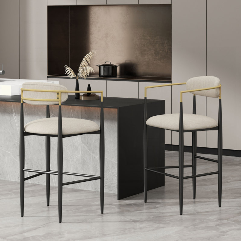Tabouret de bar 29,75 po Amen, Tissu beige / base noire, Tabouret de comptoir (siège d'une hauteur de 25 p